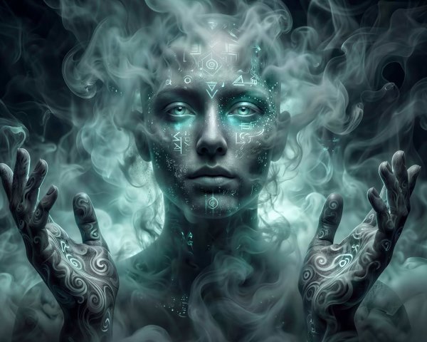 Close-up Portrait of a Sorceress with Green Fire Eyes