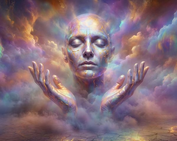 Iridescent Figure Emerging from Rainbow Clouds Artwork