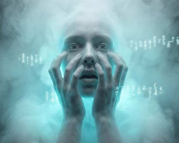 Woman's Face and Hands in Blue Mist with Symbols