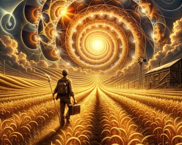 Lone Traveler in Golden Wheat Field with Sunlight Spiral