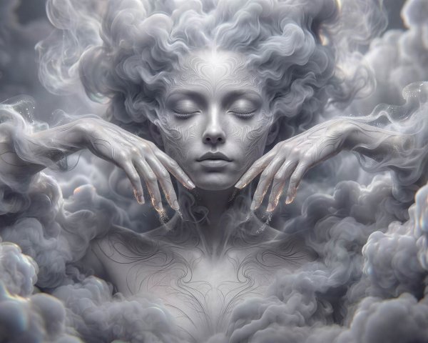 Ethereal Figure Emerging from Swirling Grey Clouds