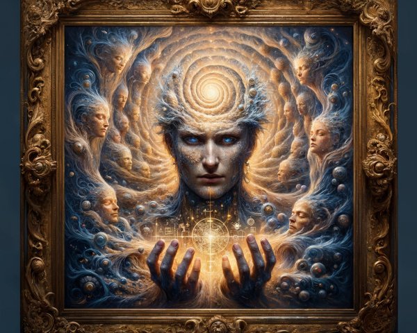 Central Figure with Spiral Pattern and Glowing Orb