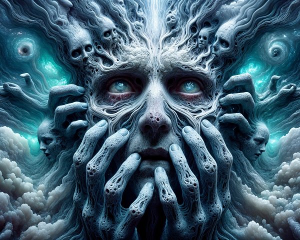 Surreal Figure with Obscured Face and Mystical Hands