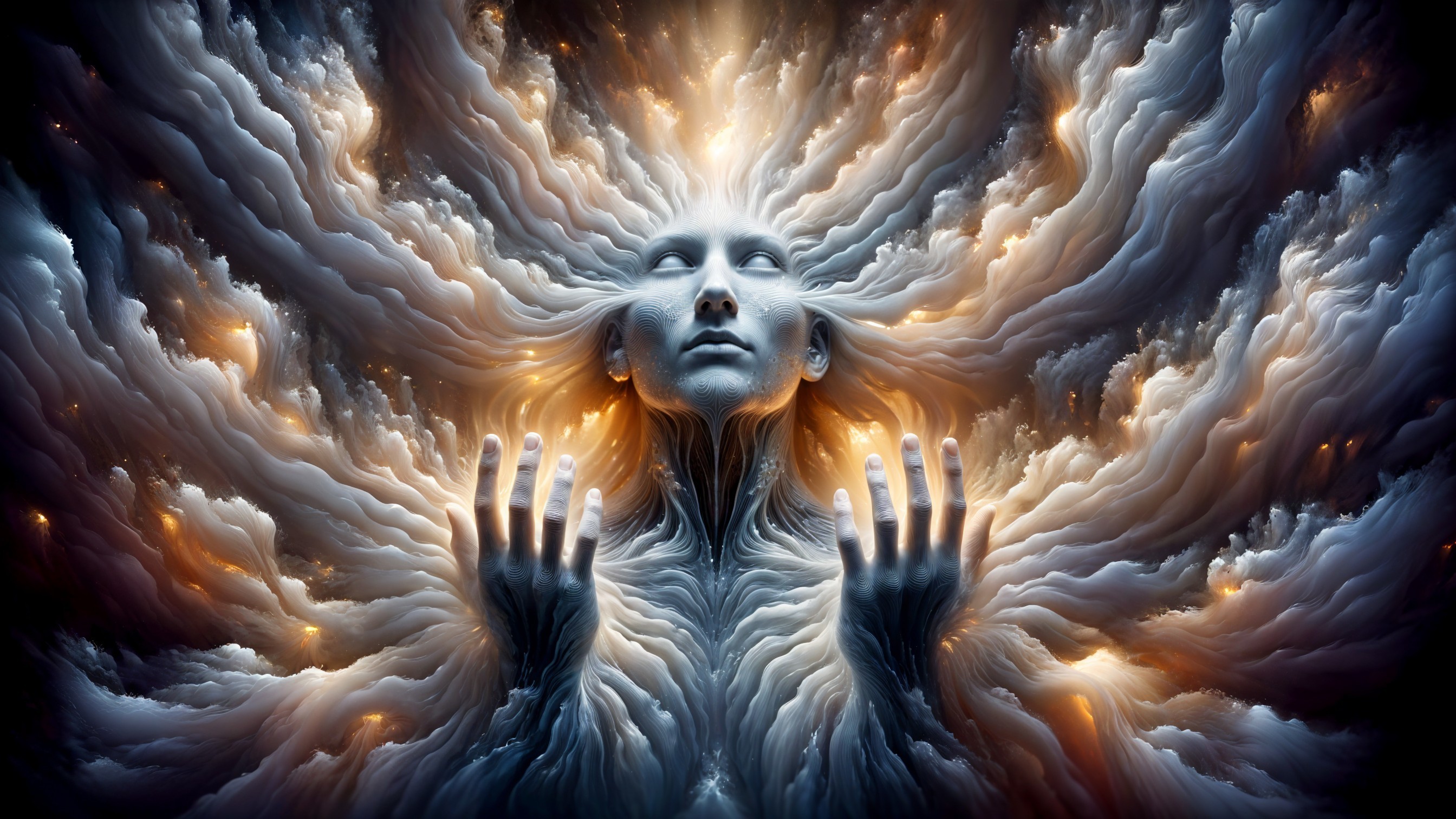 Ethereal figure with flowing hair in soothing colors