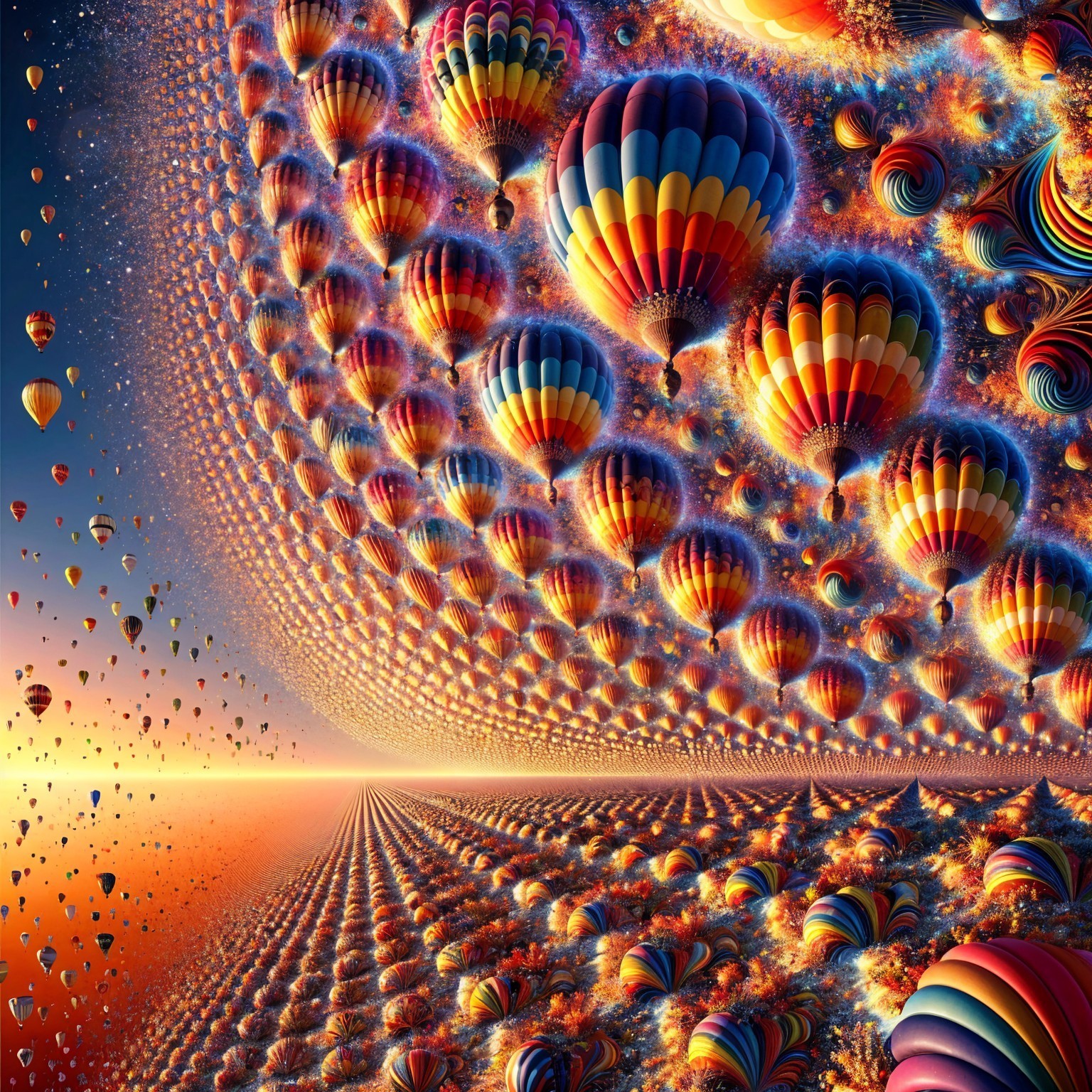 Surreal Landscape with Colorful Hot Air Balloons