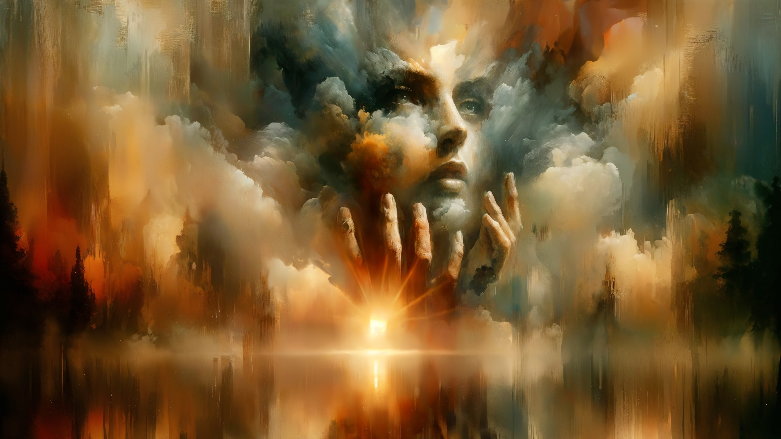 Ethereal Woman's Face in Dreamlike Cloud Scene