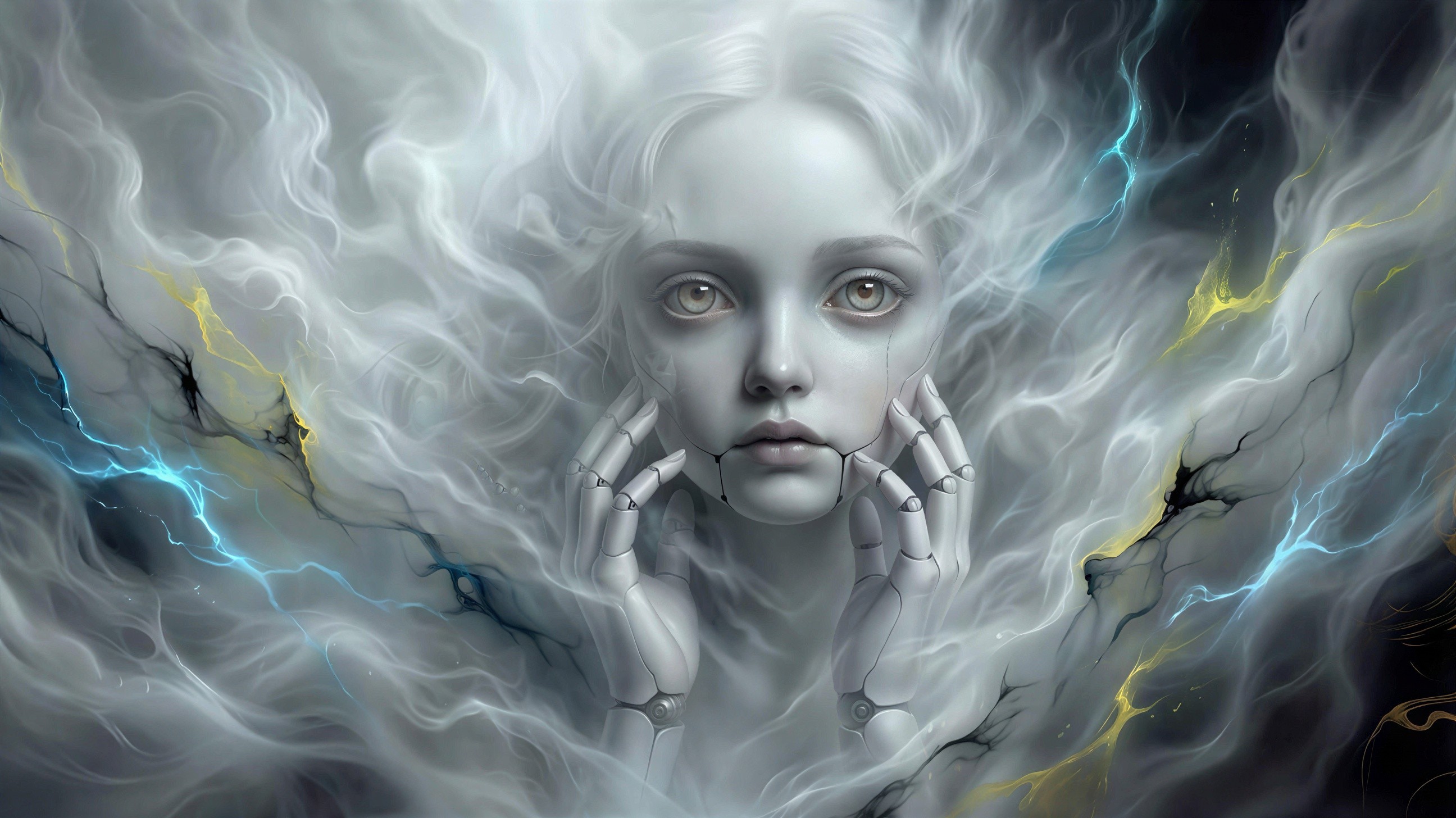 Doll-faced Young Woman with Mechanical Features in Mist