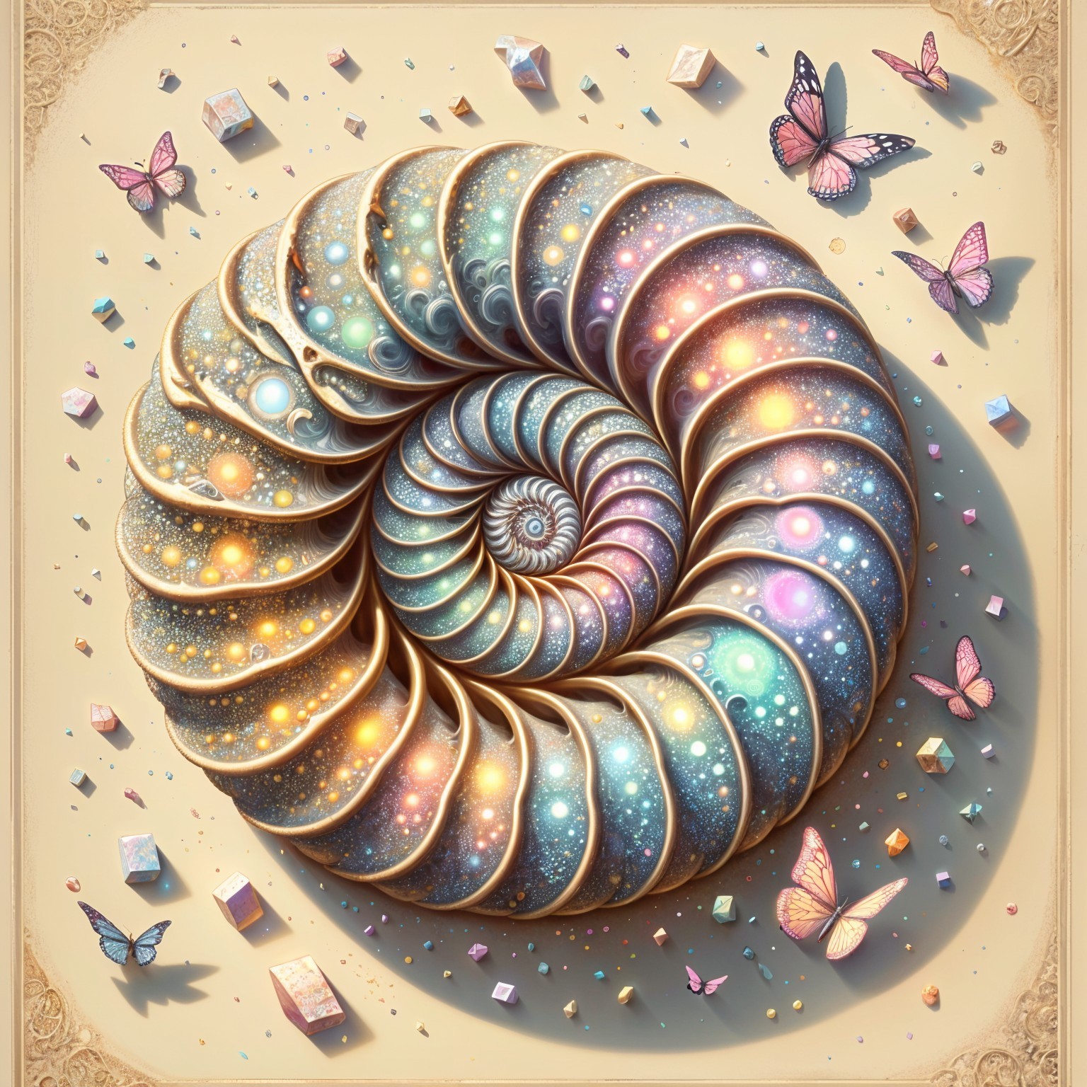 Detailed Spiral Nautilus Shell with Butterflies and Shapes