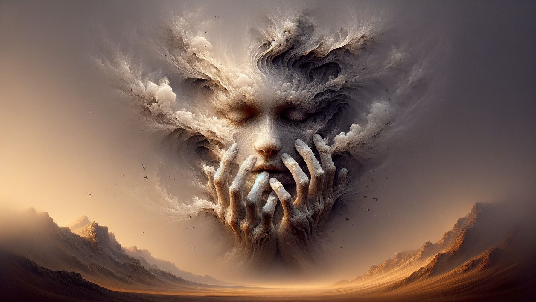 Ethereal Figure in Mist with Serene Landscape Elements