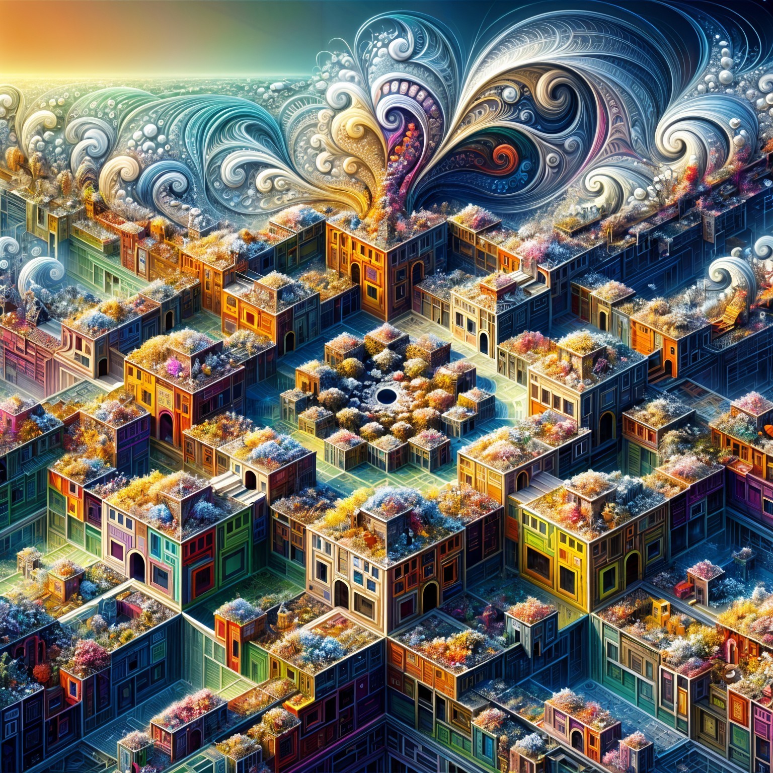 Aerial View of a Vibrant Fantastical Cityscape