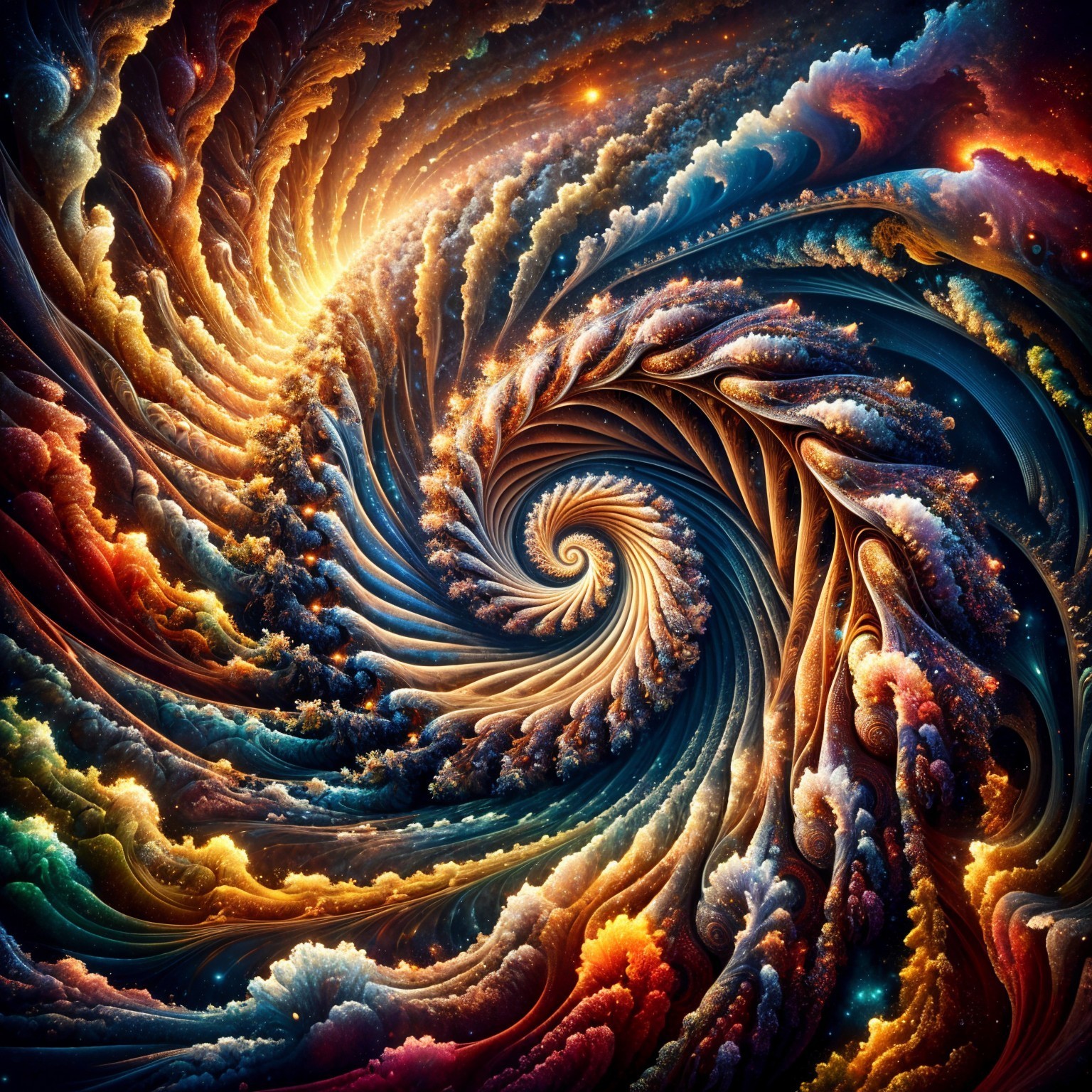 Vibrant Cosmic Spiral with Nebula Patterns and Stars