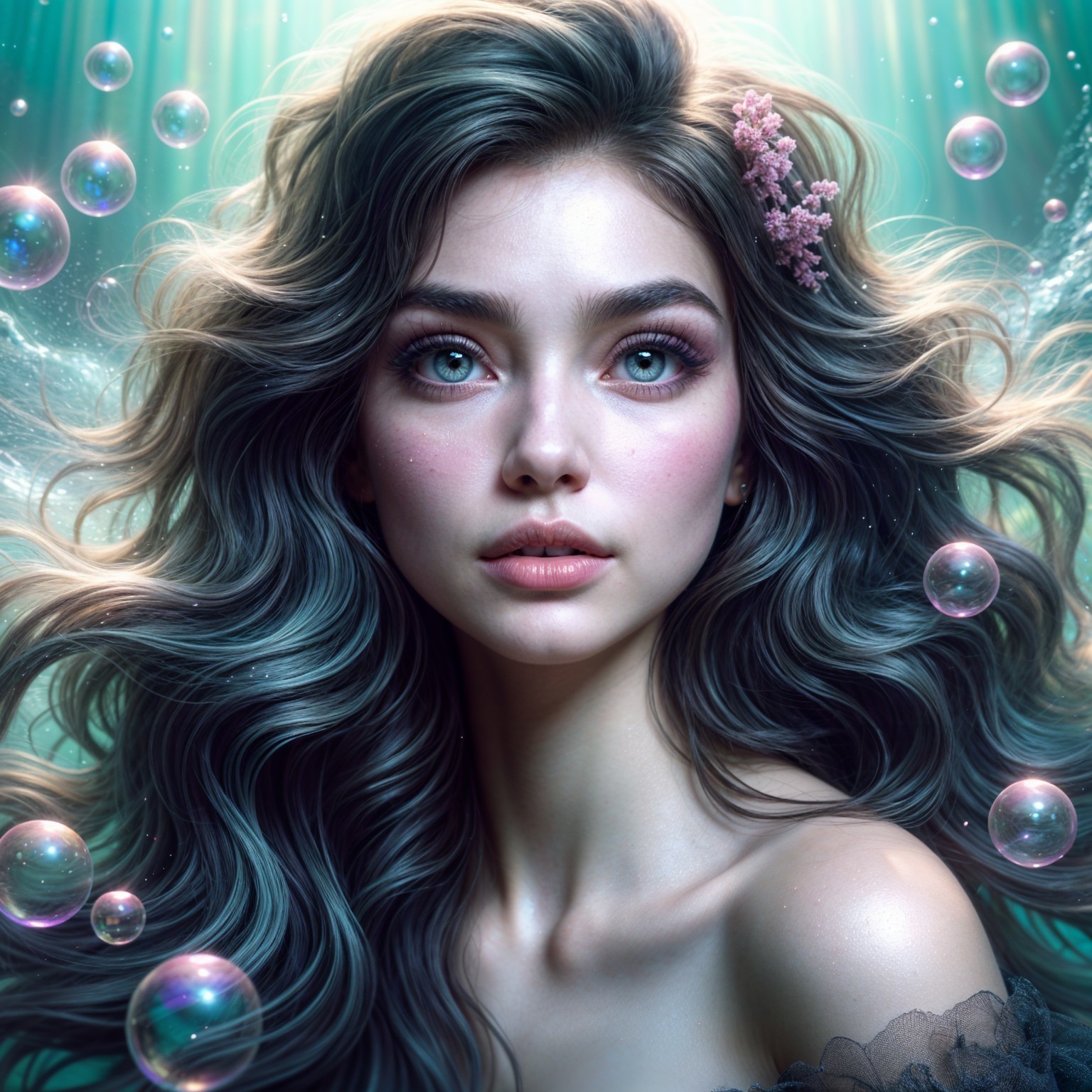 Young woman with colorful hair in an ethereal setting