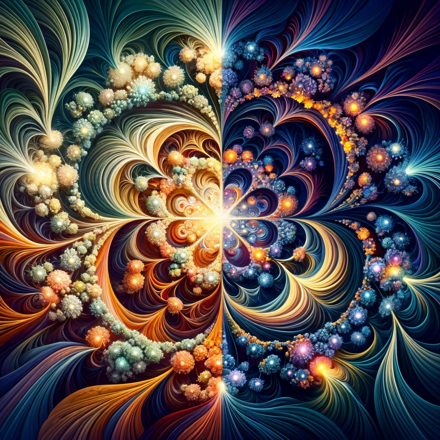 Vibrant Fractal Pattern with Colorful Spirals and Orbs