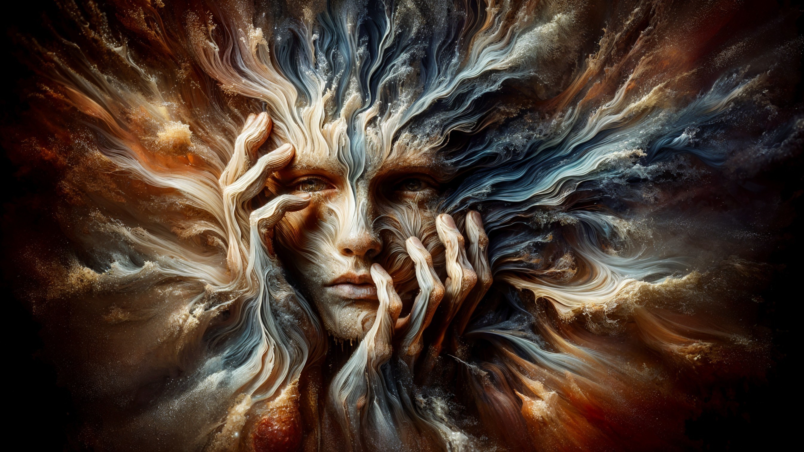 Surreal Face Surrounded by Vibrant Colors and Patterns