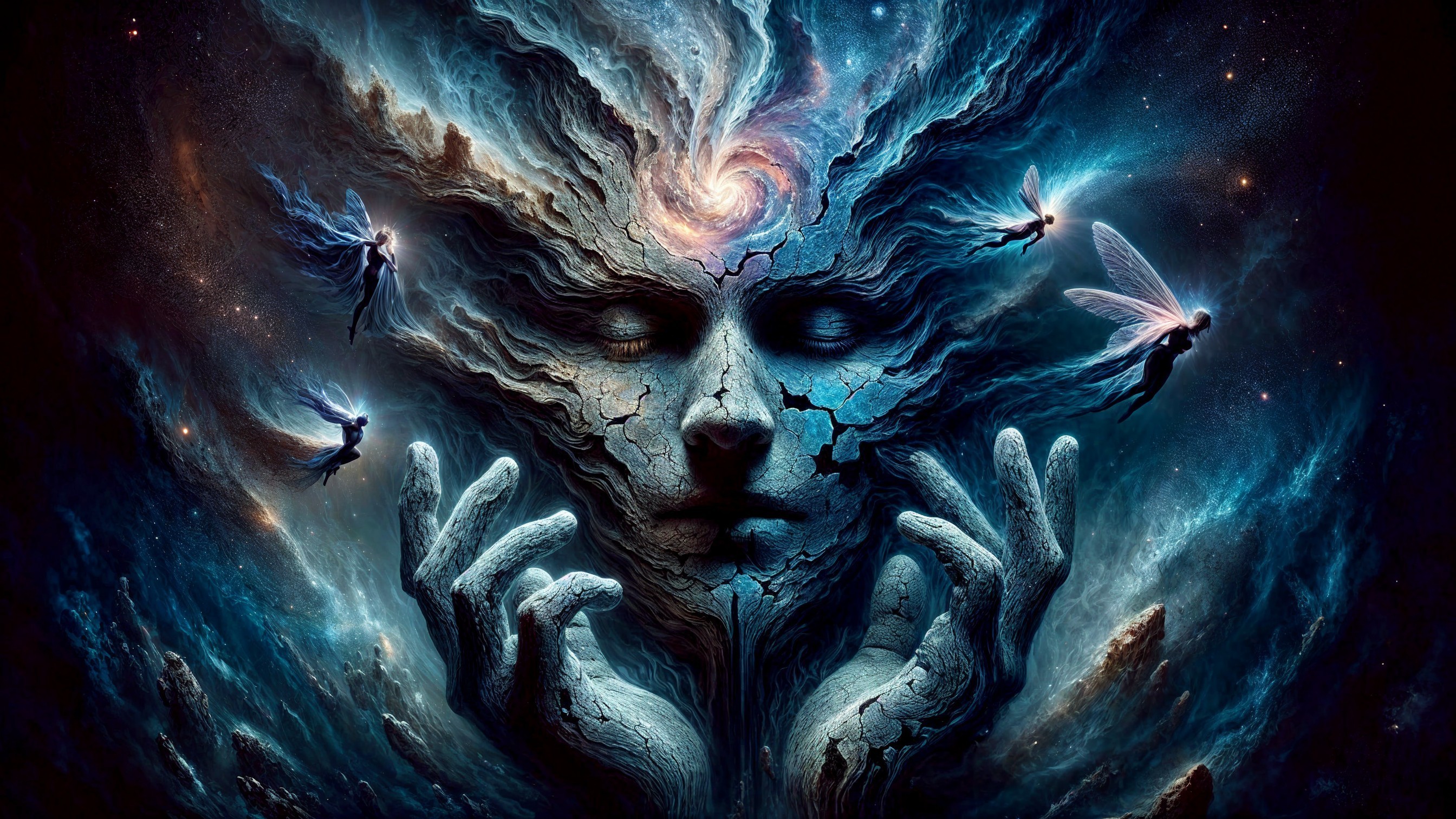 Surreal Cosmic Landscape with Serene Face and Beings