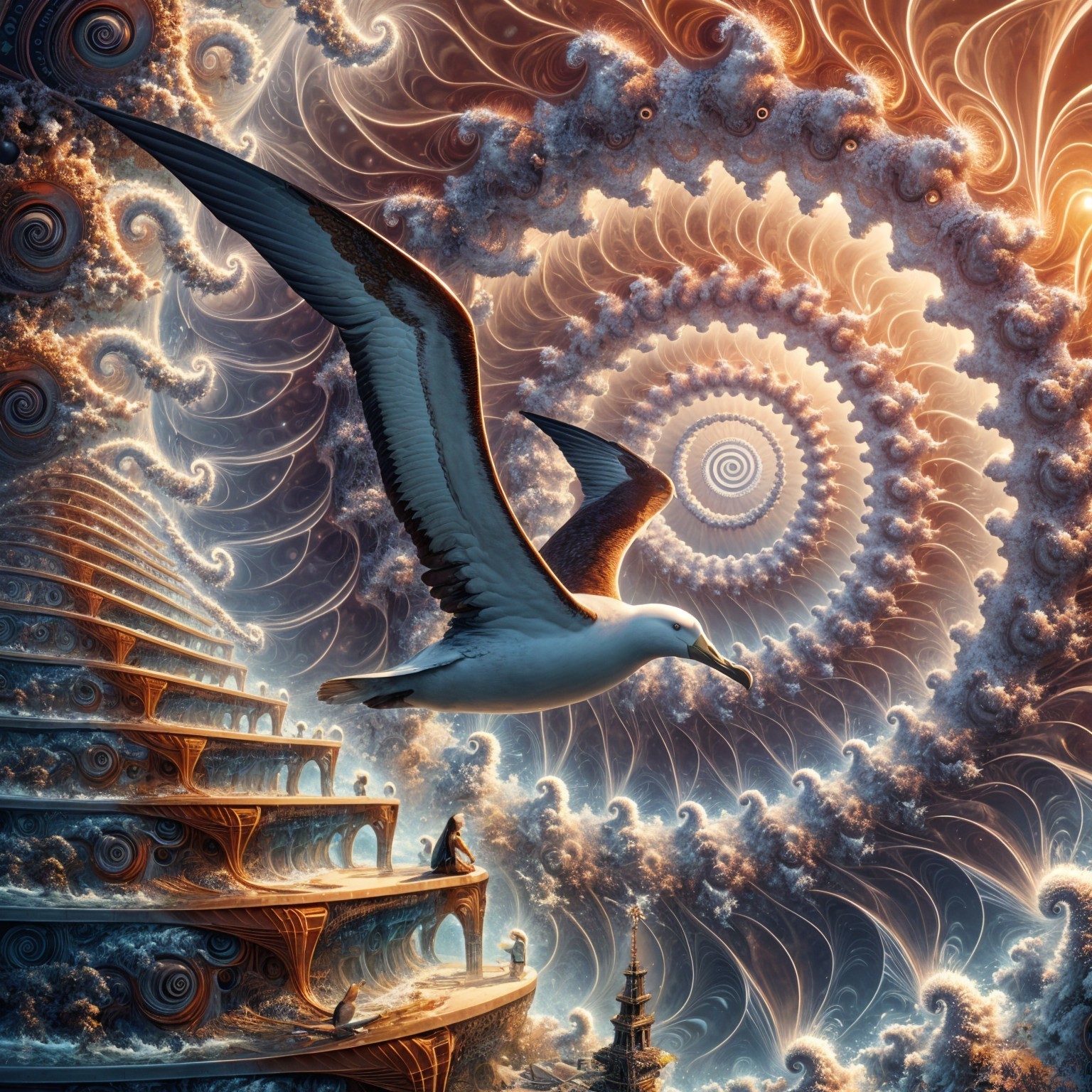 Surreal Landscape with Spiral Patterns and Majestic Bird