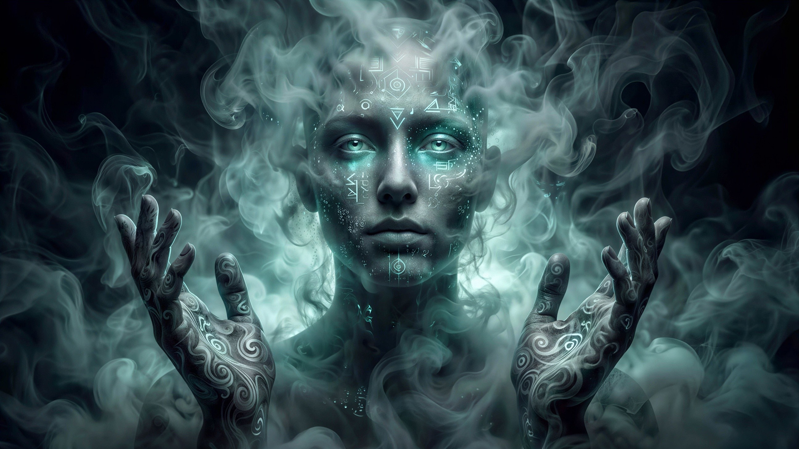 Close-up Portrait of a Sorceress with Green Fire Eyes
