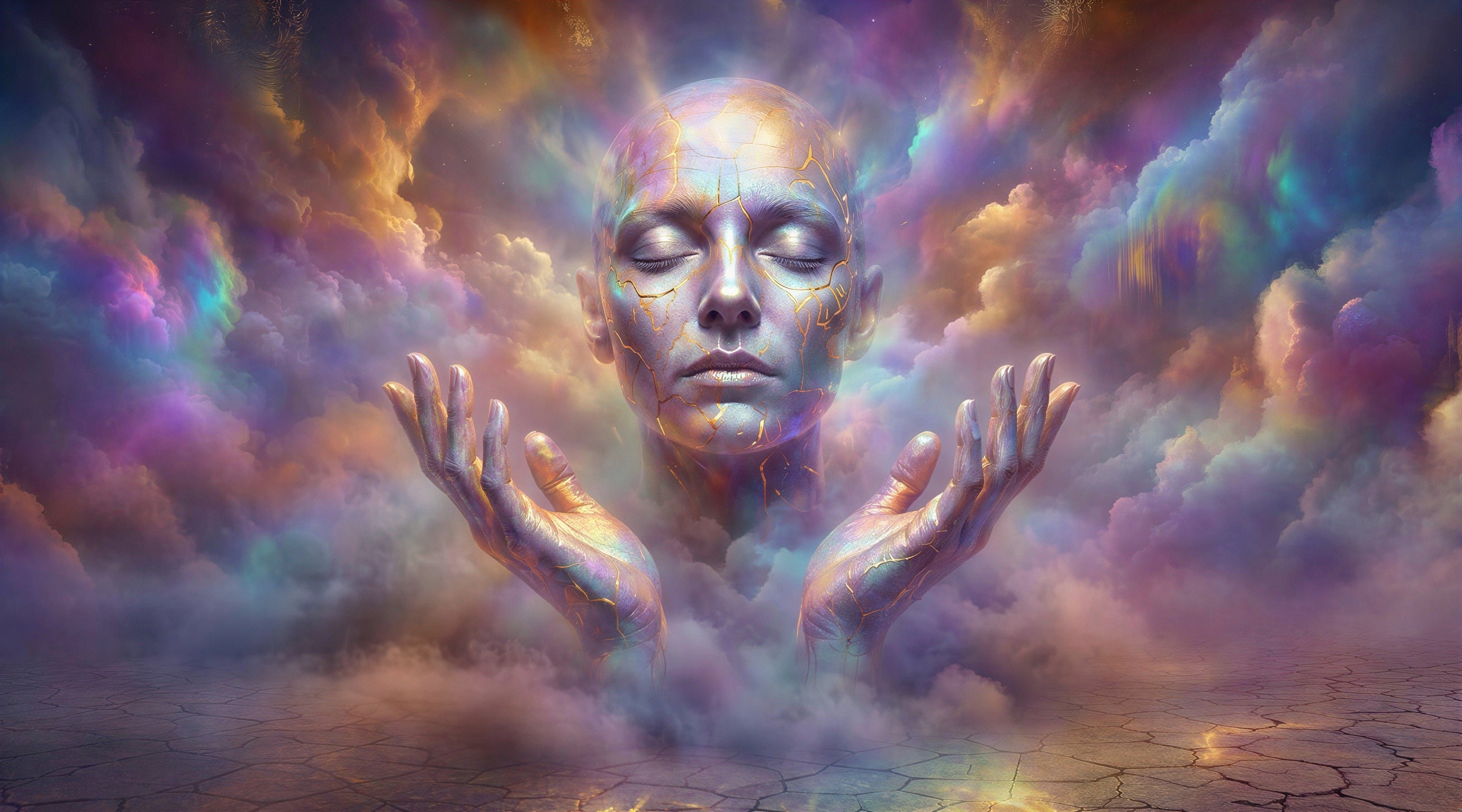Iridescent Figure Emerging from Rainbow Clouds Artwork