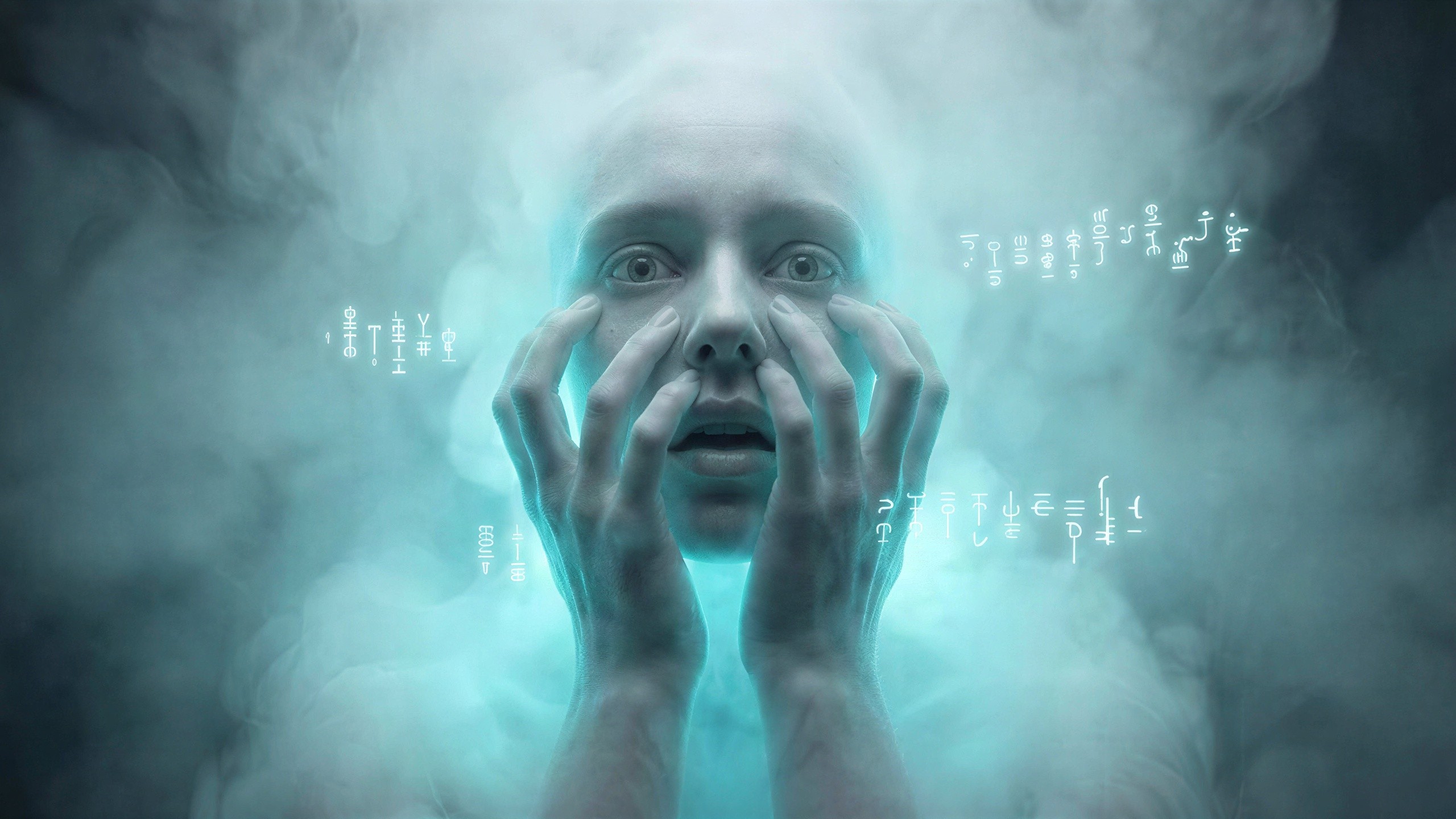 Woman's Face and Hands in Blue Mist with Symbols