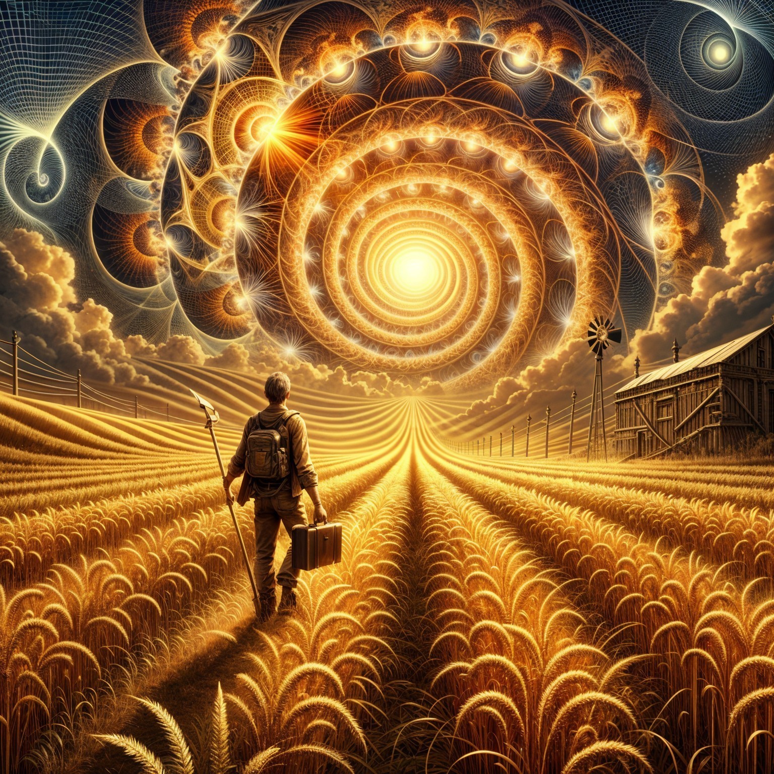 Lone Traveler in Golden Wheat Field with Sunlight Spiral