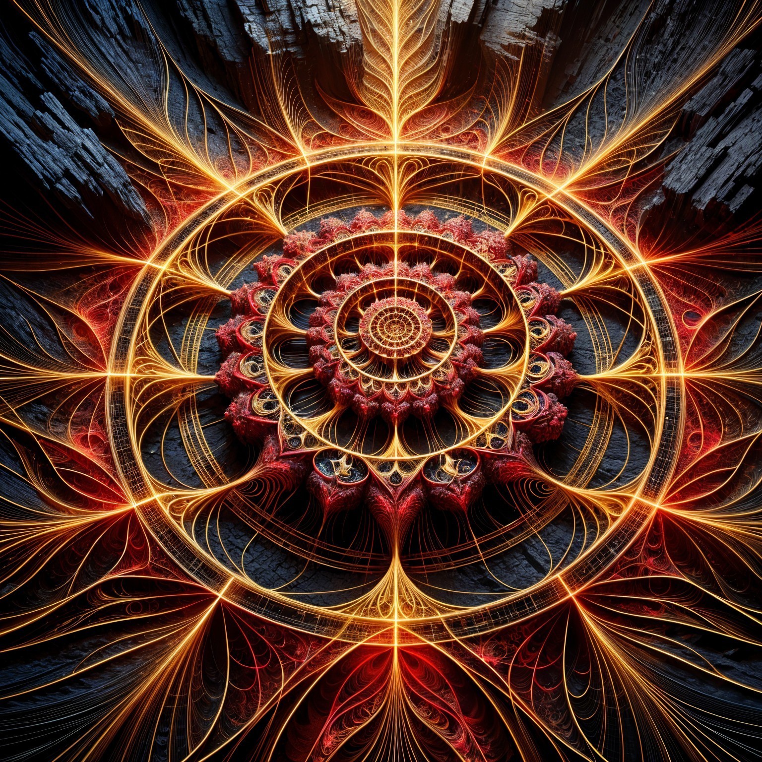 Fractal Design in Red and Orange on Dark Background