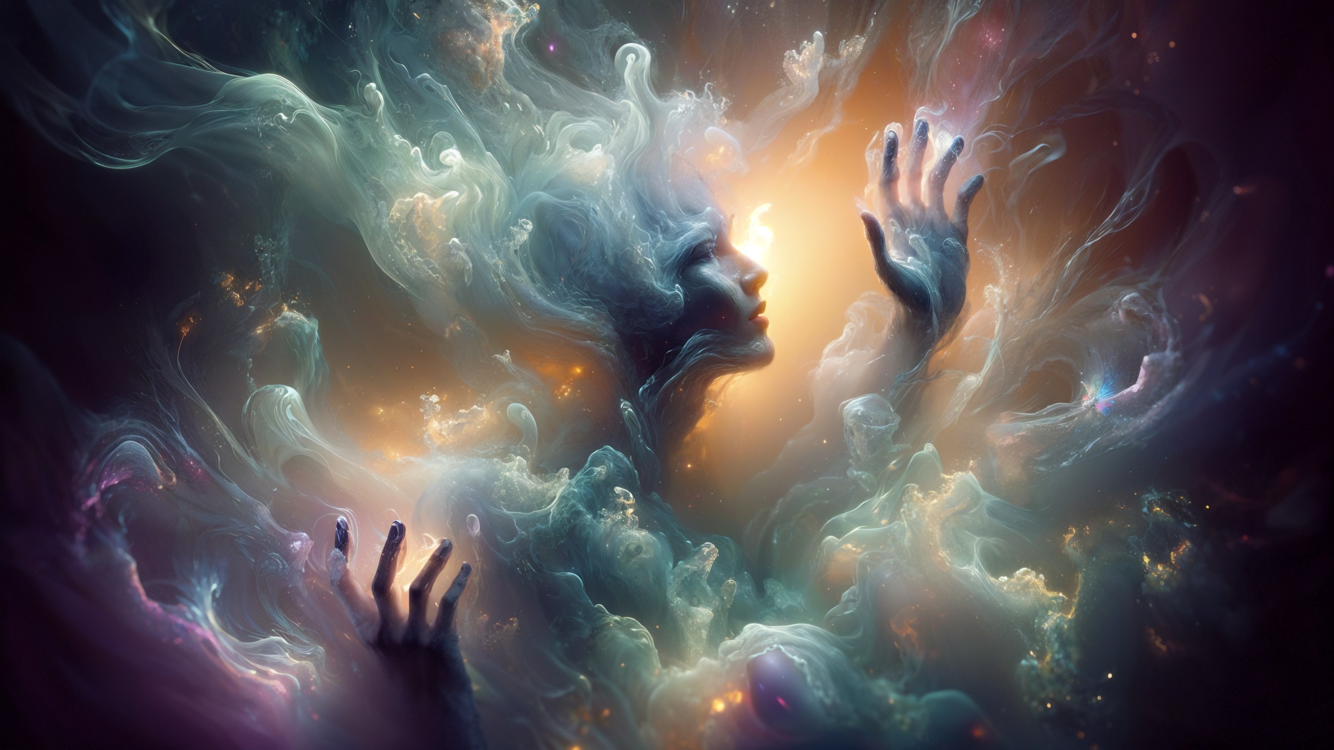 Cosmic Scene with Figure in Colorful Ethereal Clouds