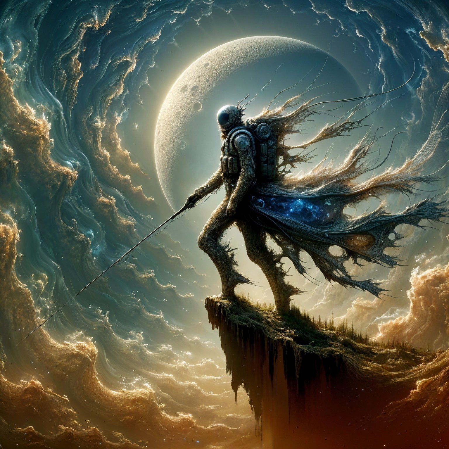 Cosmic-themed figure on a cliff with futuristic gear