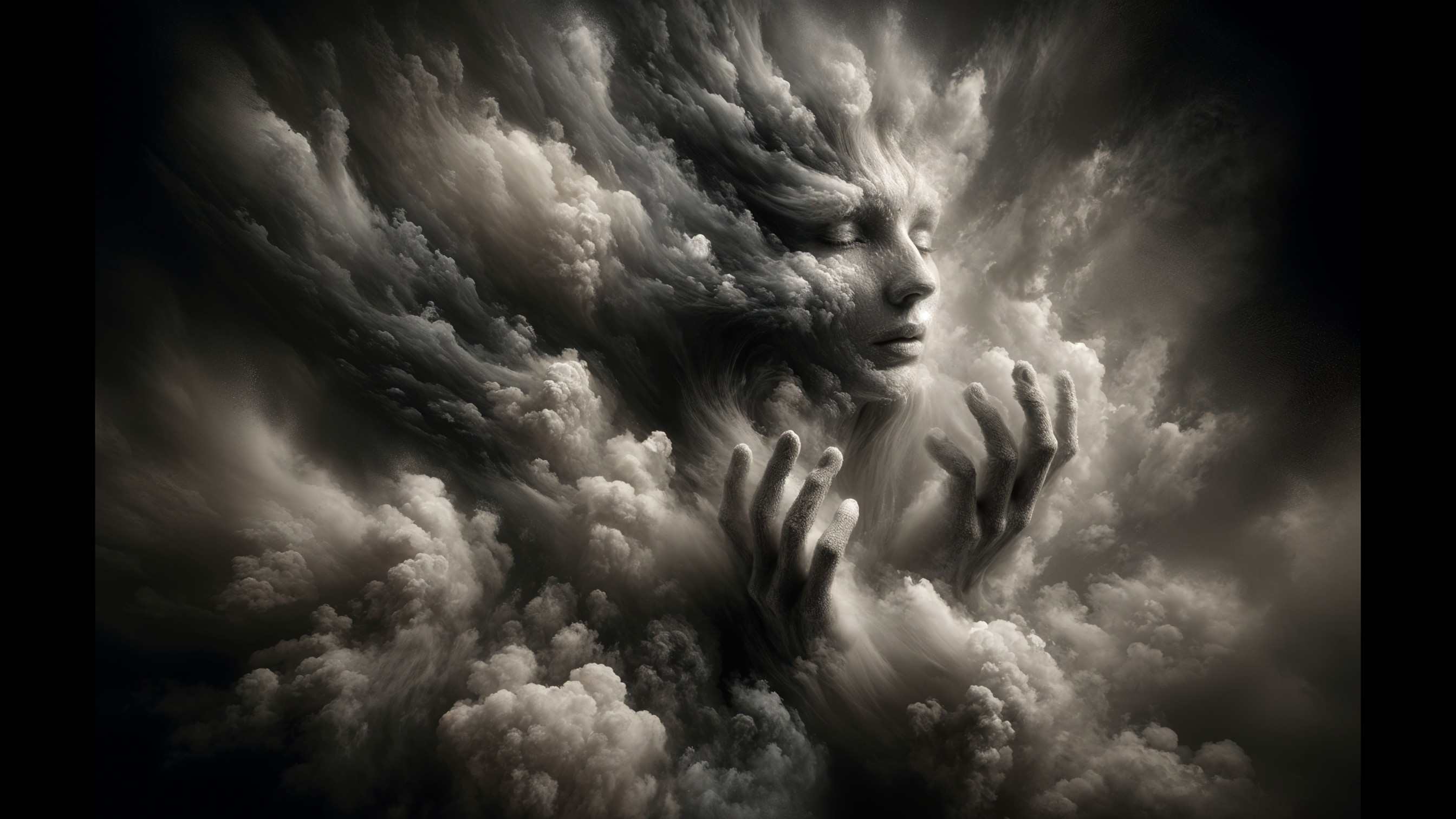 Surreal Figure in Dark, Tumultuous Clouds