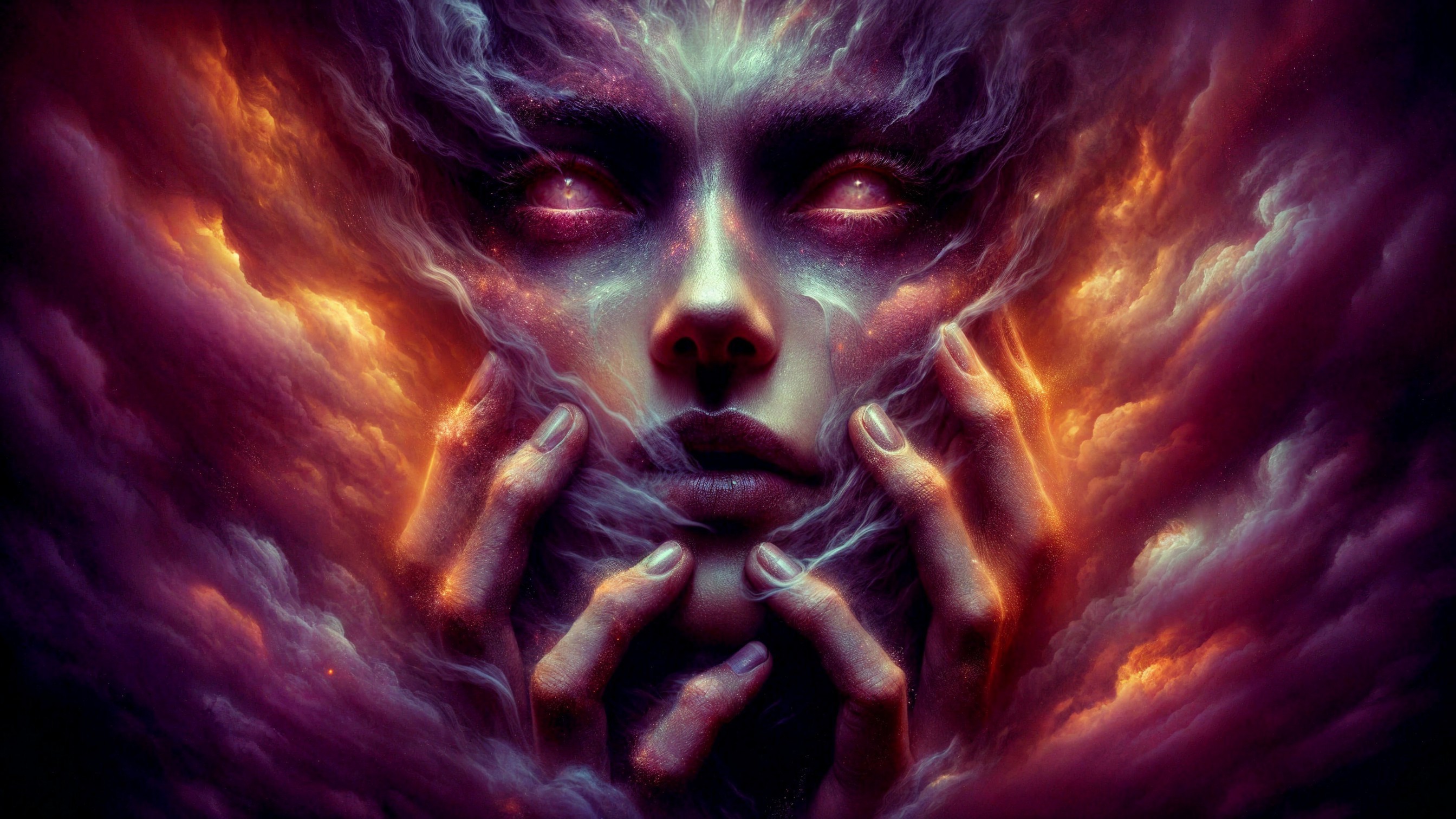 Ethereal Portrait of a Face in Vibrant Clouds