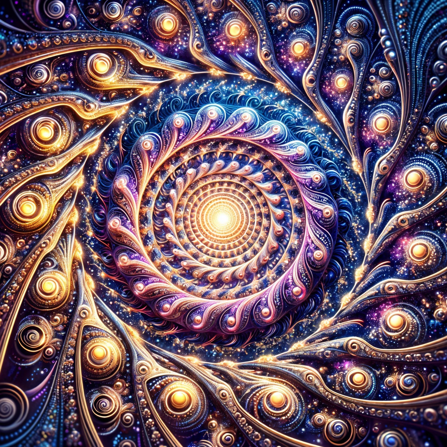 Swirling Spiral Design with Cosmic Patterns and Orbs