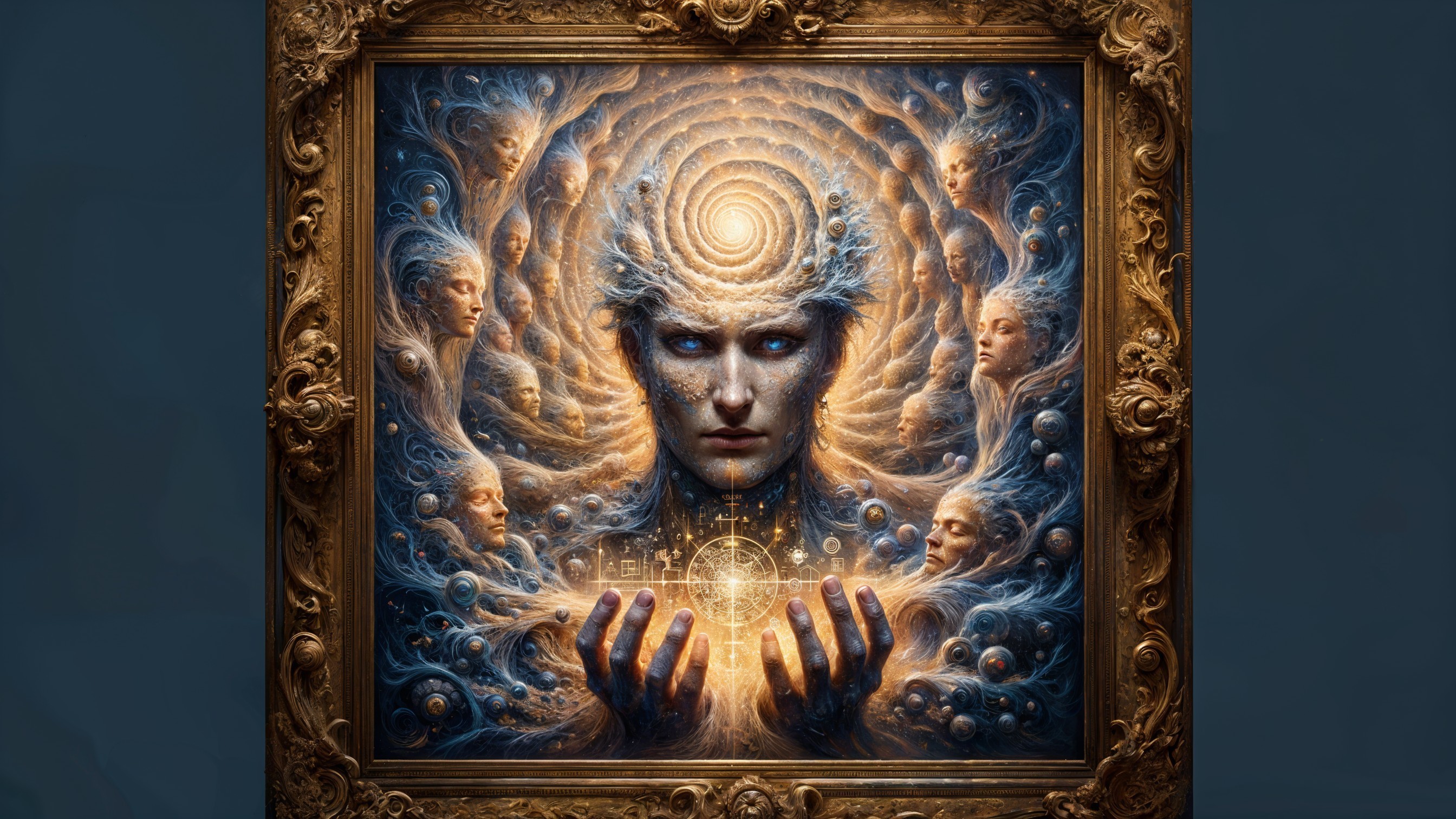 Central Figure with Spiral Pattern and Glowing Orb