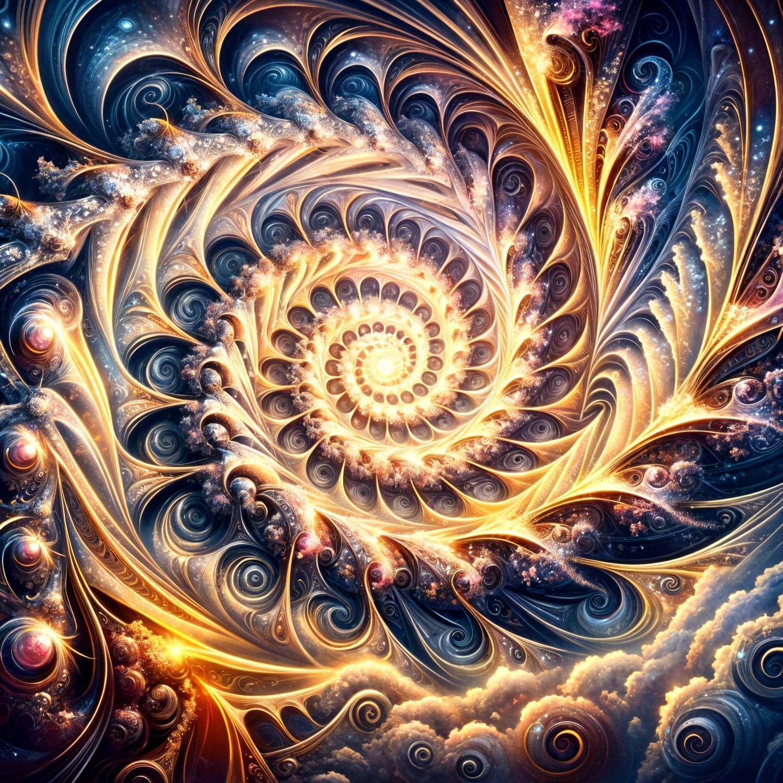 Vibrant Spiral Pattern with Cosmic Elements and Colors