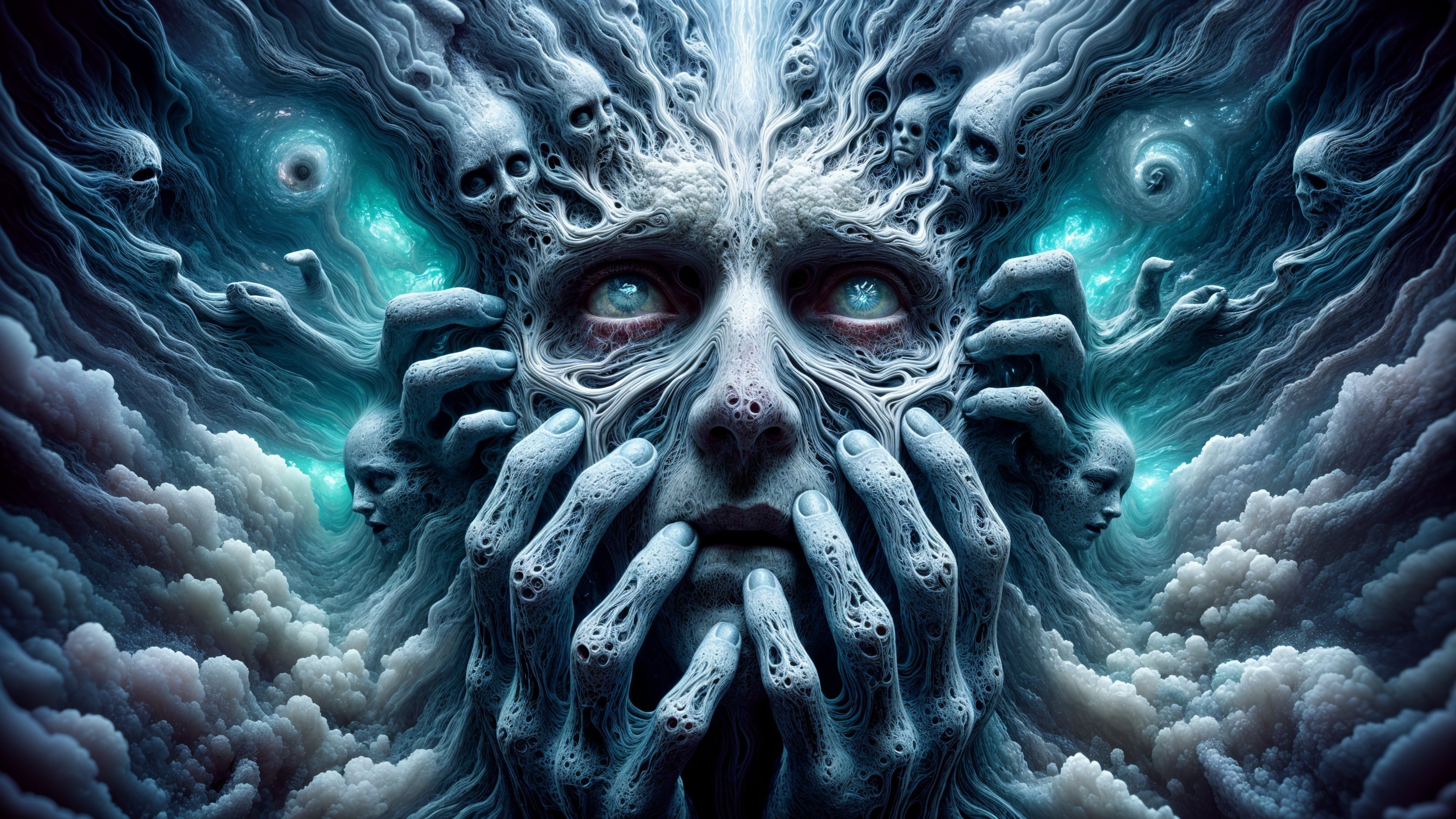 Surreal Figure with Obscured Face and Mystical Hands