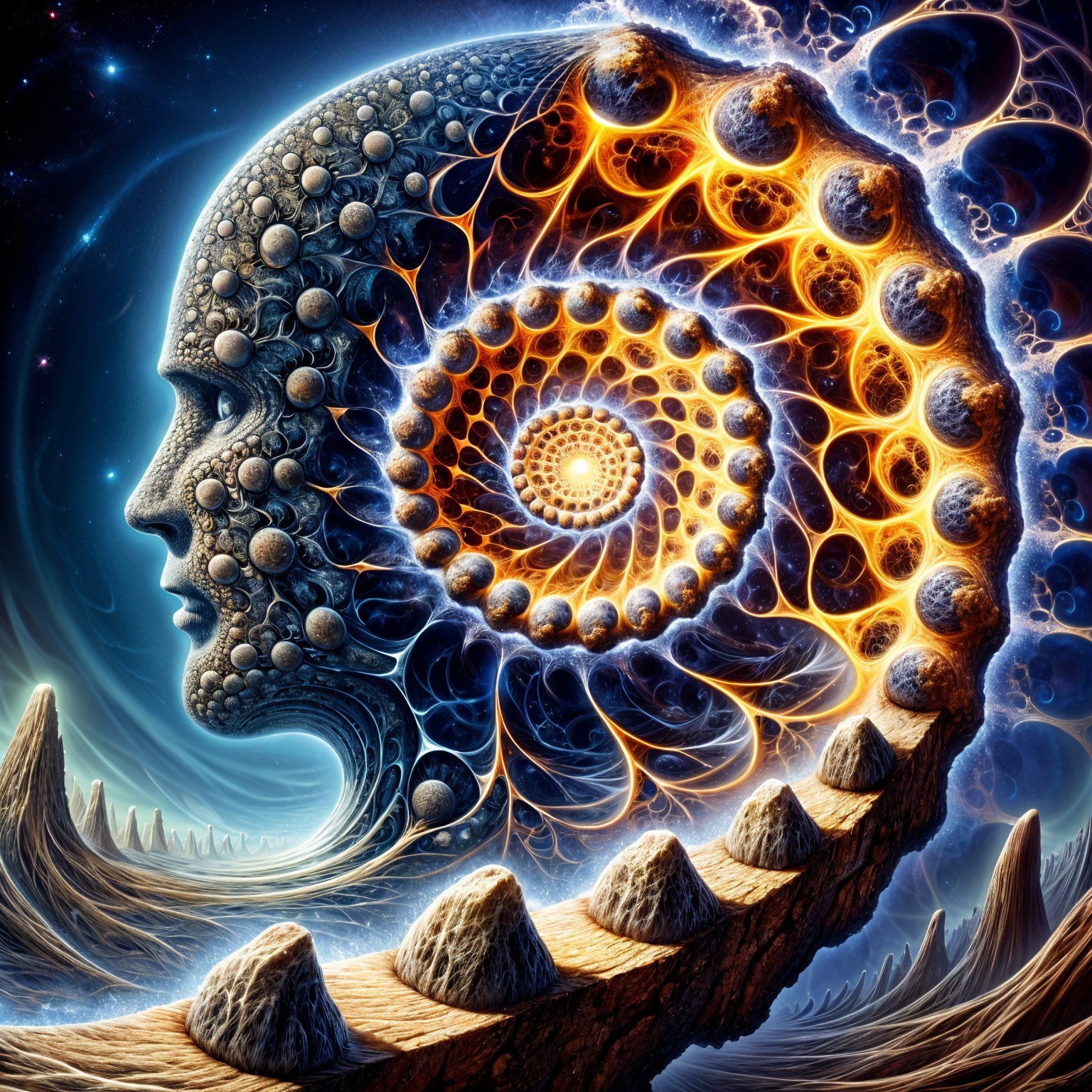 Surreal Cosmic Scene with Human Head and Galaxies