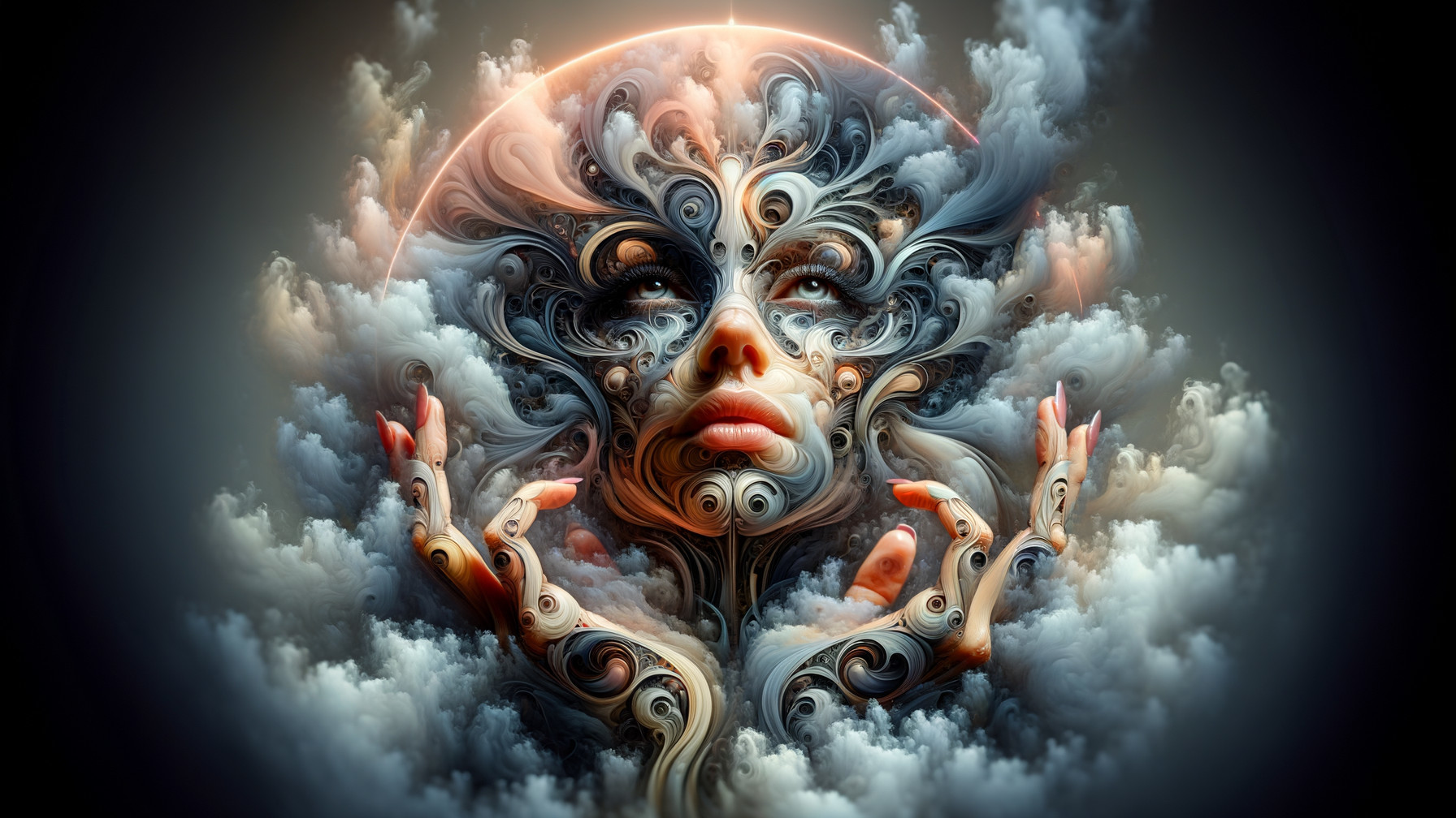 Surreal Face in Swirling Clouds with Ethereal Colors