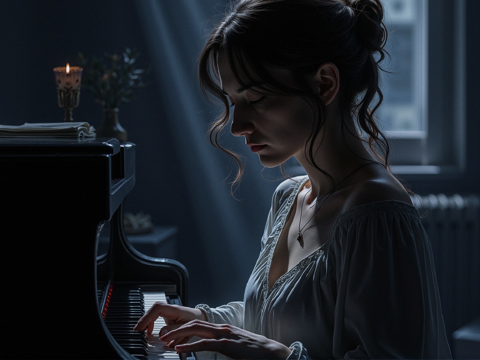 Young woman playing piano in softly lit room