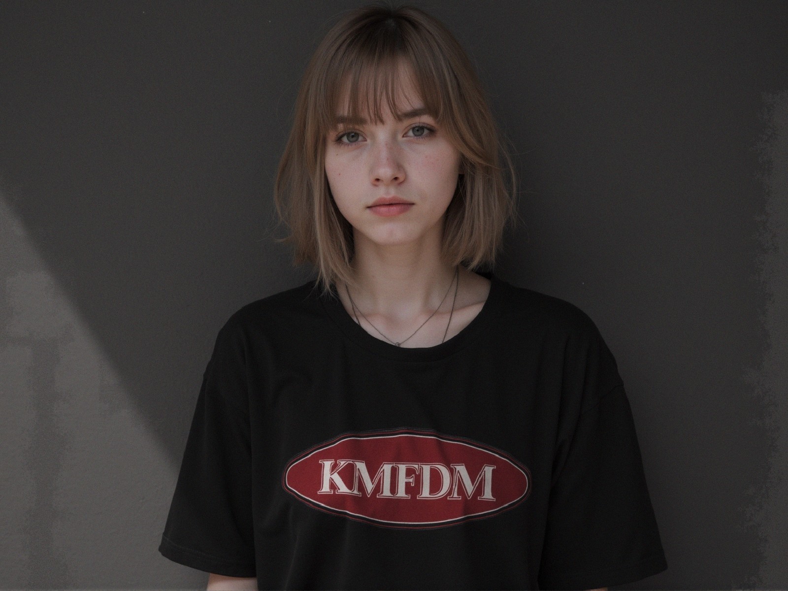 Young woman in oversized shirt against gray background