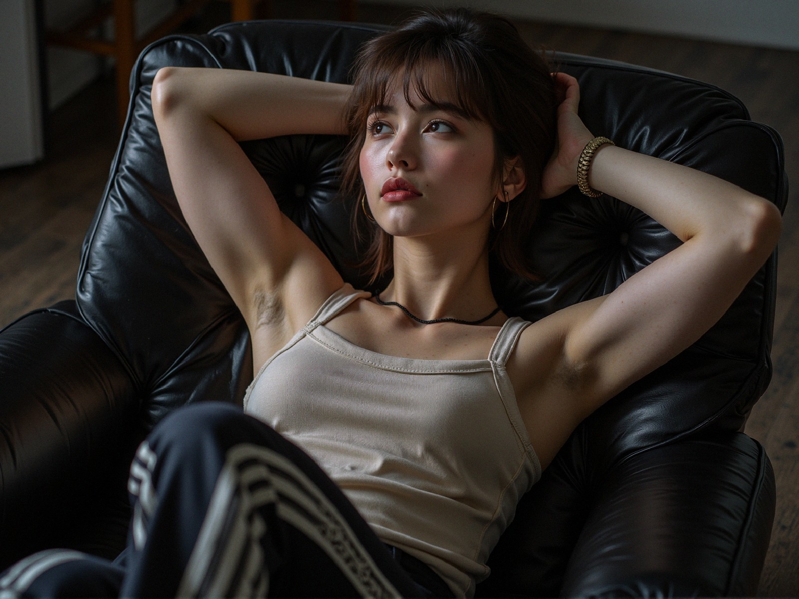 Young woman relaxing in minimalist room setting