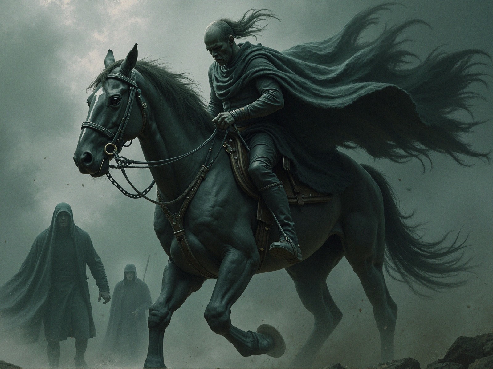 Cloaked Figure on Black Horse in Mysterious Landscape