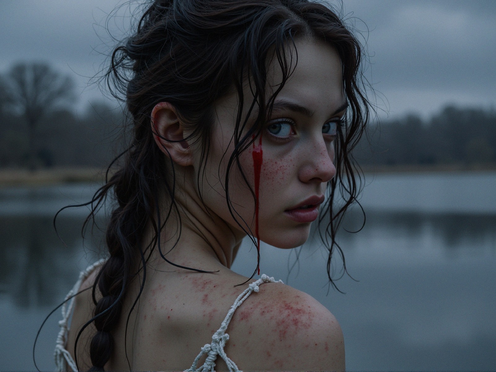 Young Woman by Reflective Water with Haunting Expression
