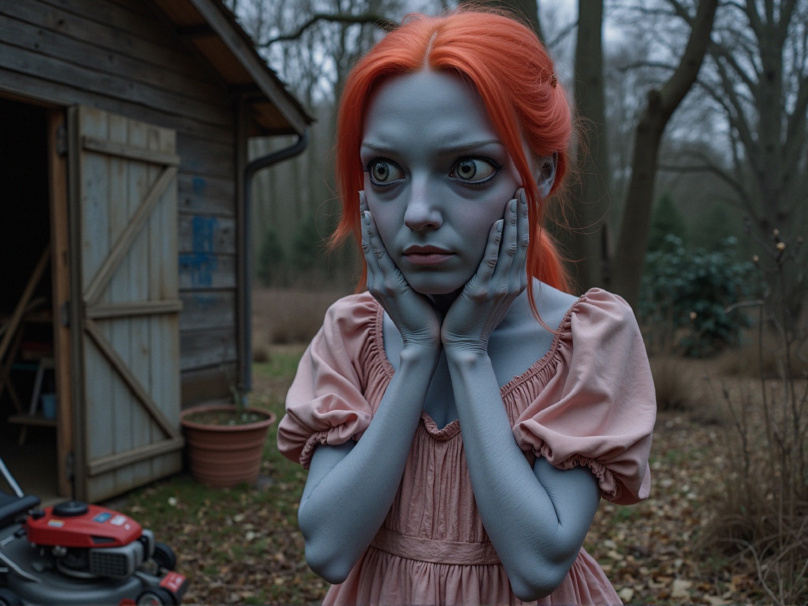 Young girl with orange hair in surreal forest setting