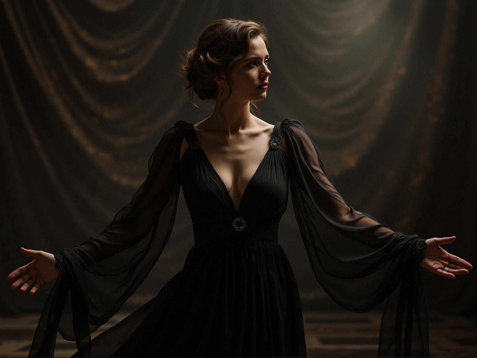 Elegant Woman in Flowing Black Gown with Dramatic Backdrop