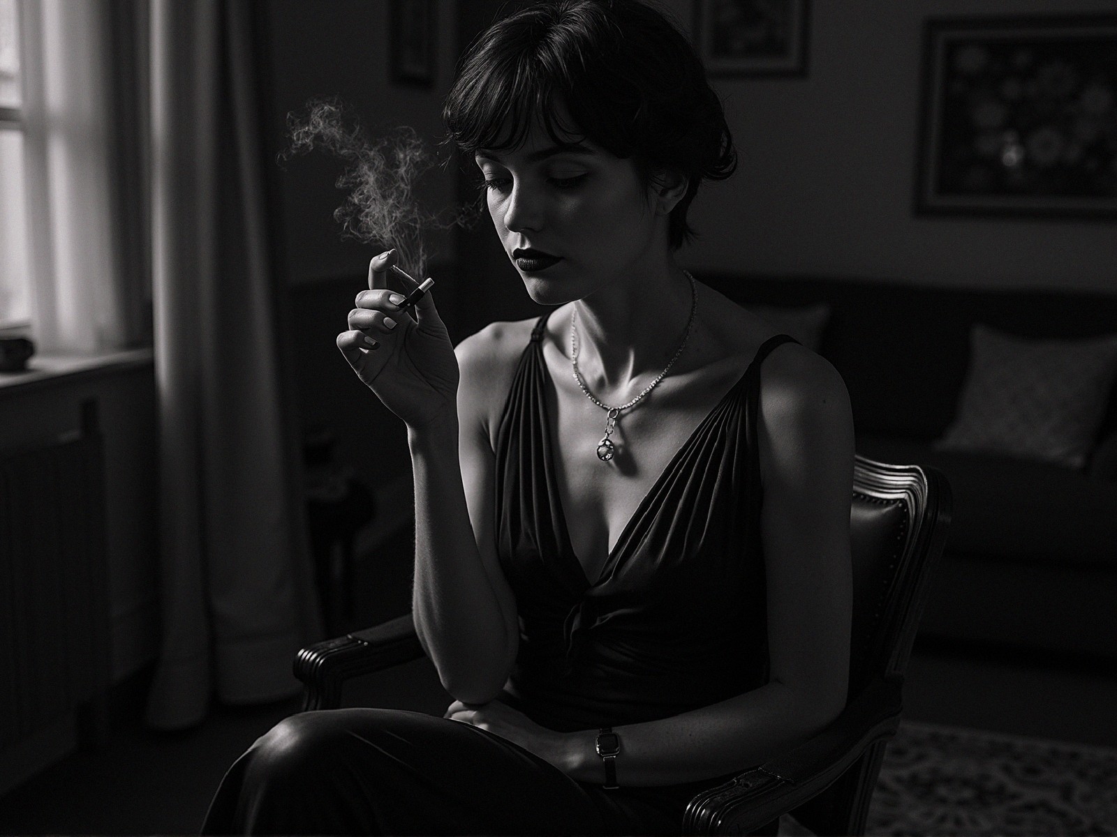 Elegant Woman in Black Outfit in Dimly Lit Room