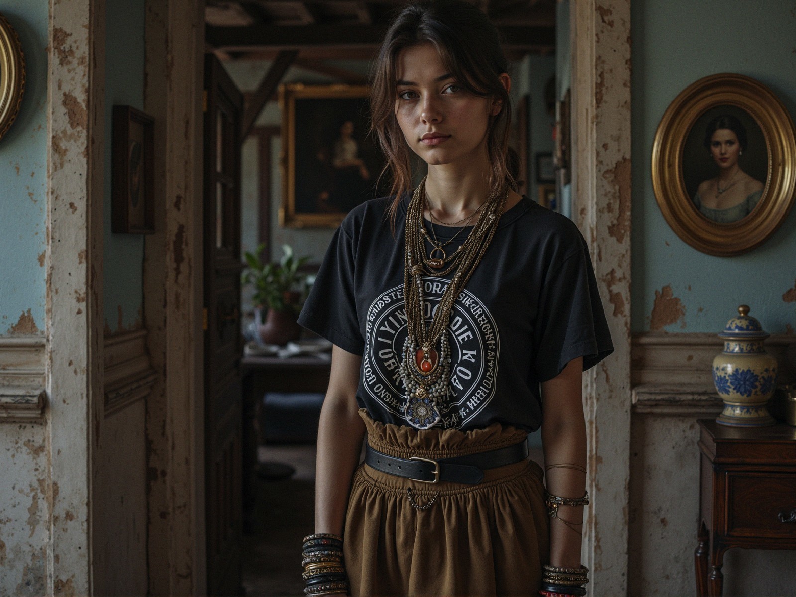 Young Woman in Vintage Room with Rustic Decor