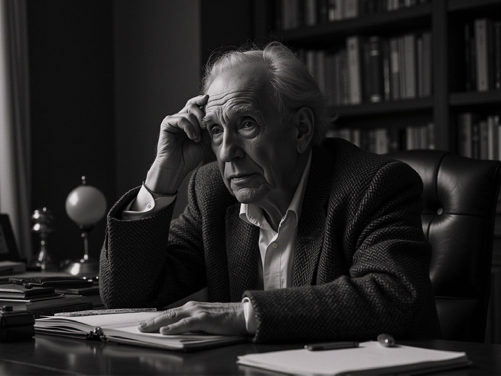 Elderly Man in Contemplation at Wooden Desk