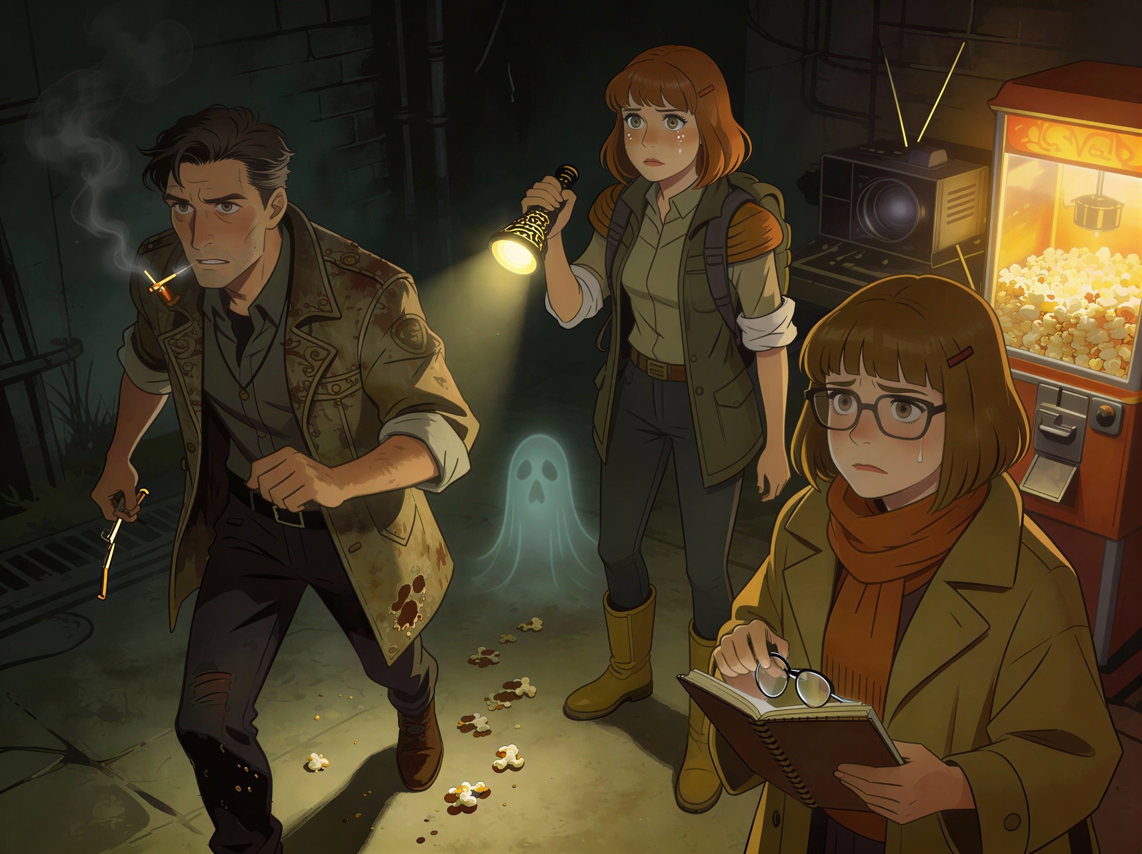 Cartoon of Mystery-Solving Friends in Creepy Room