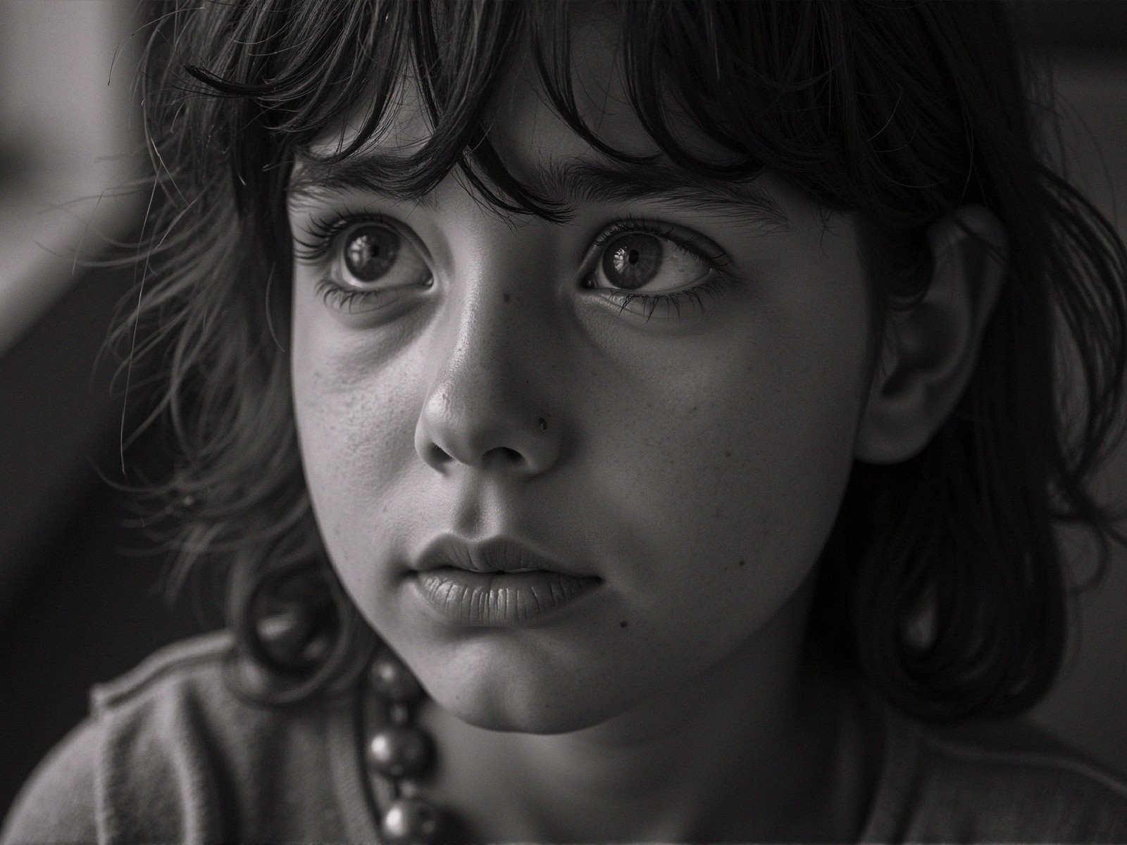 Close-up of a child's face in black and white