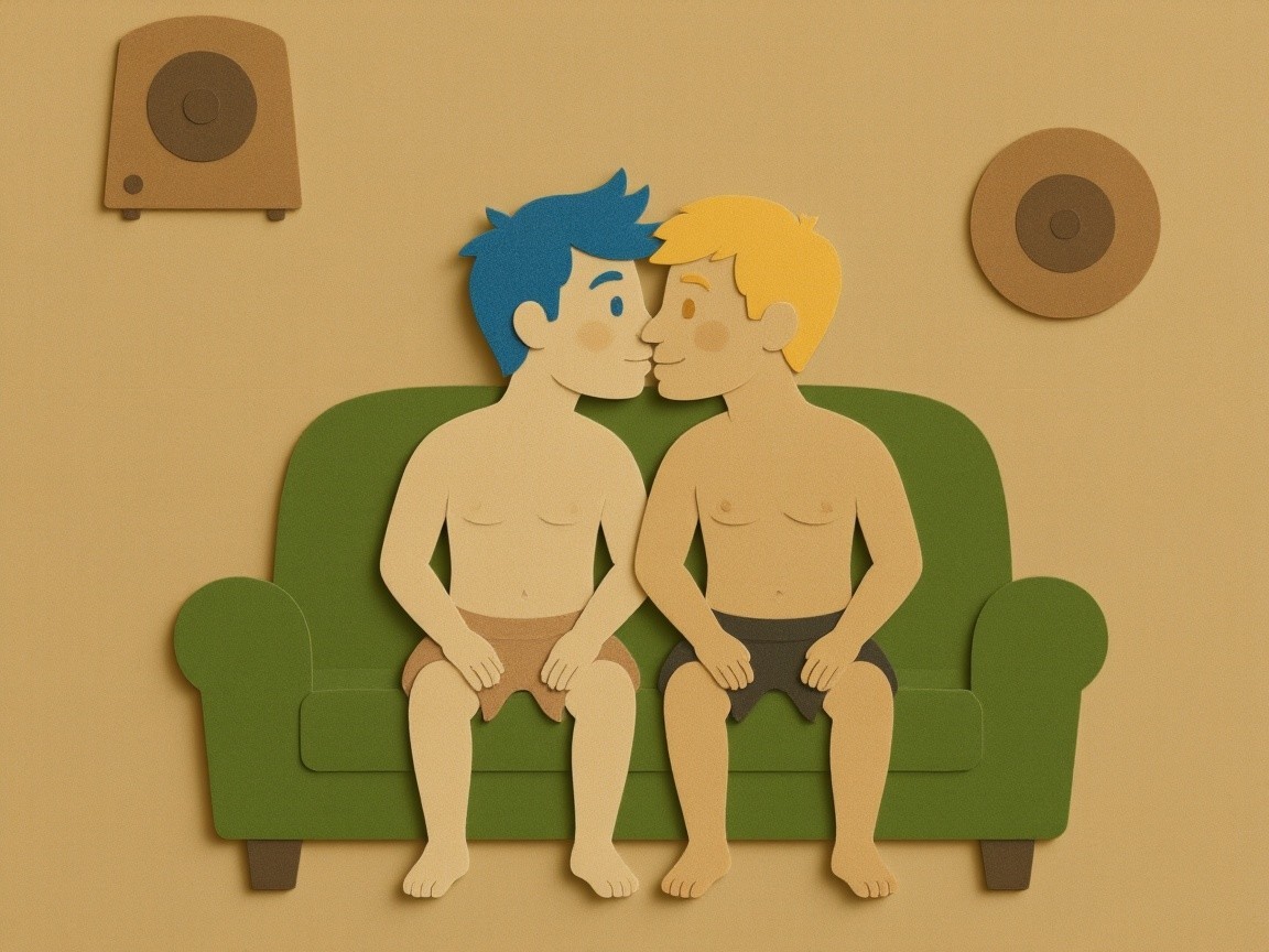 Playful Cartoon Characters Sharing a Sweet Kiss on Sofa