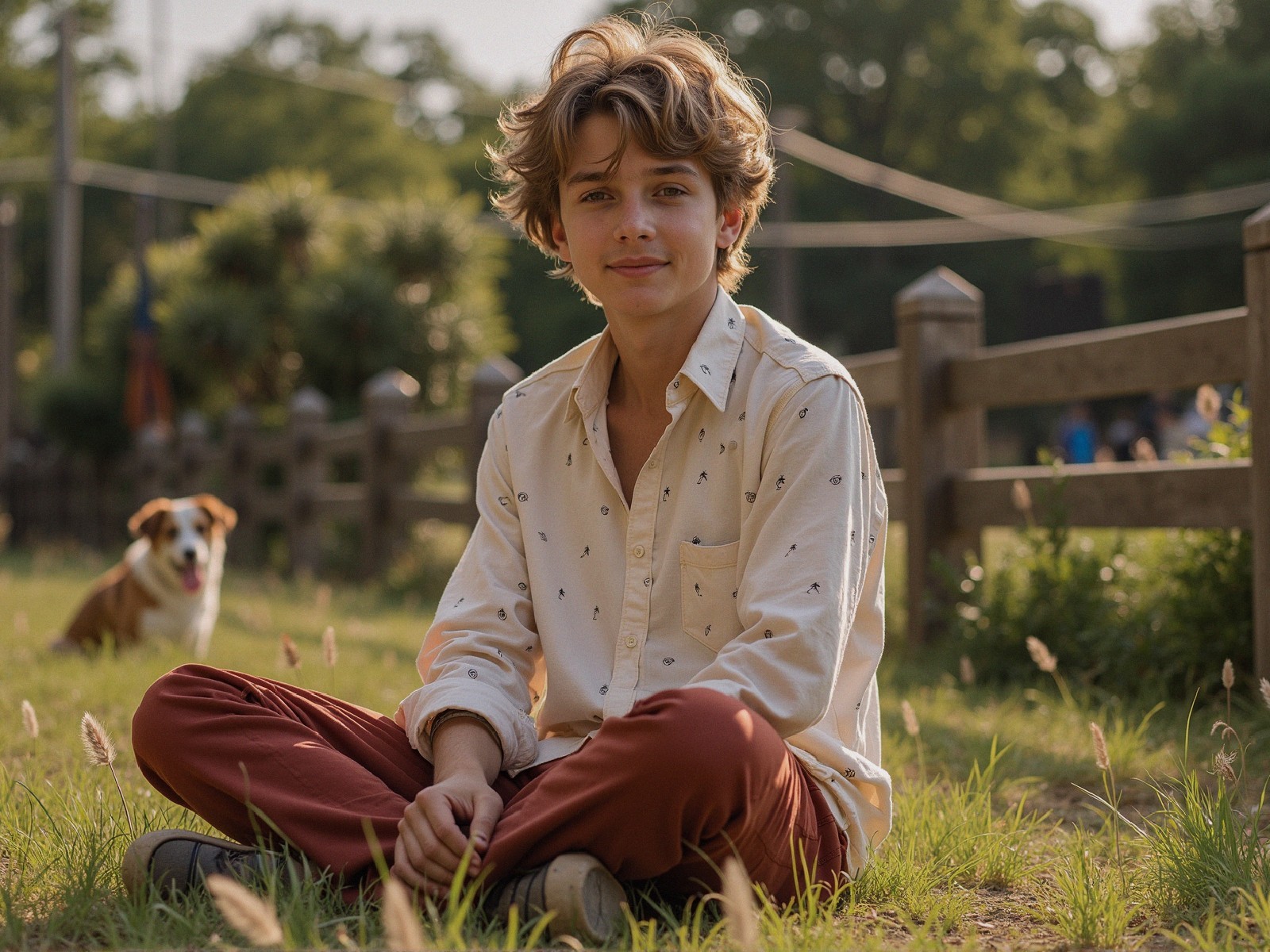 Young boy smiling in grassy field with dog nearby