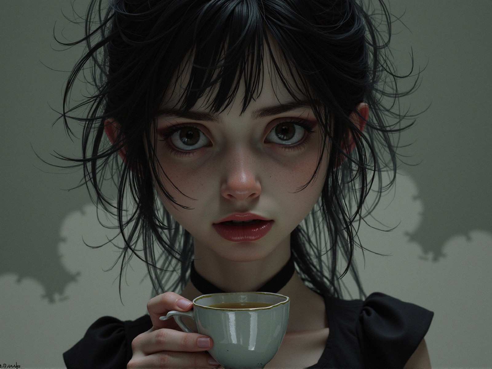 Young girl with expressive eyes in black dress holding cup
